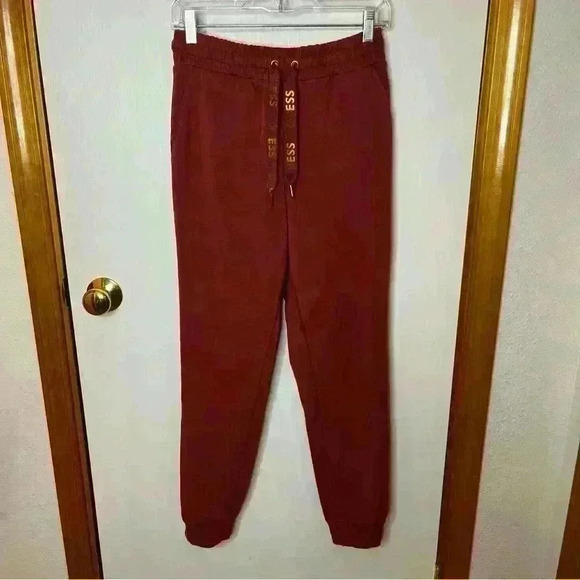 Guess Los Angeles Joggers Drawstring Women Small Mauve Maroon Gold Detail Stripe - Picture 1 of 9